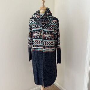 Clotheshead S/P charcoal multi printed long cardigan with scarf.
